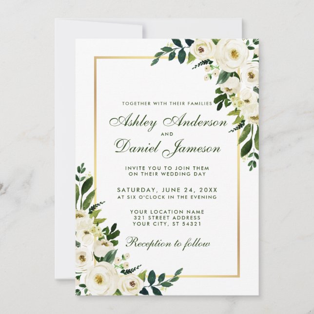 Invitation Aquarelle Floral Vert Blanc Or Mariage GS (Devant)