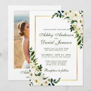 Invitation Aquarelle Floral Vert Blanc Or Mariage photo