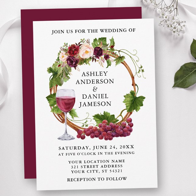 Invitation Aquarelle Floral Vins de raisin Mariage de germe (Customize to change text size, style or color of back of card.)