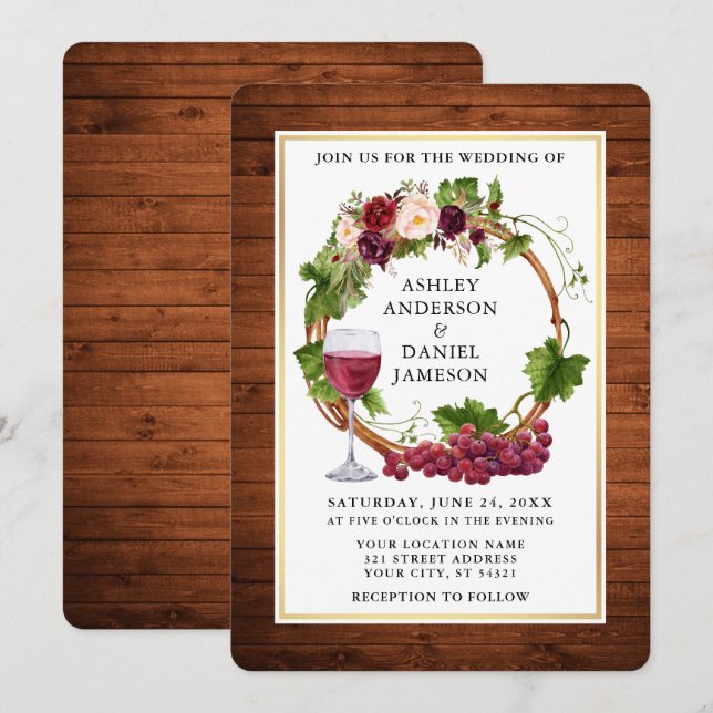 Invitation Aquarelle Floral Vins Vins de raisin Wreath Mariag (Devant / Derrière)