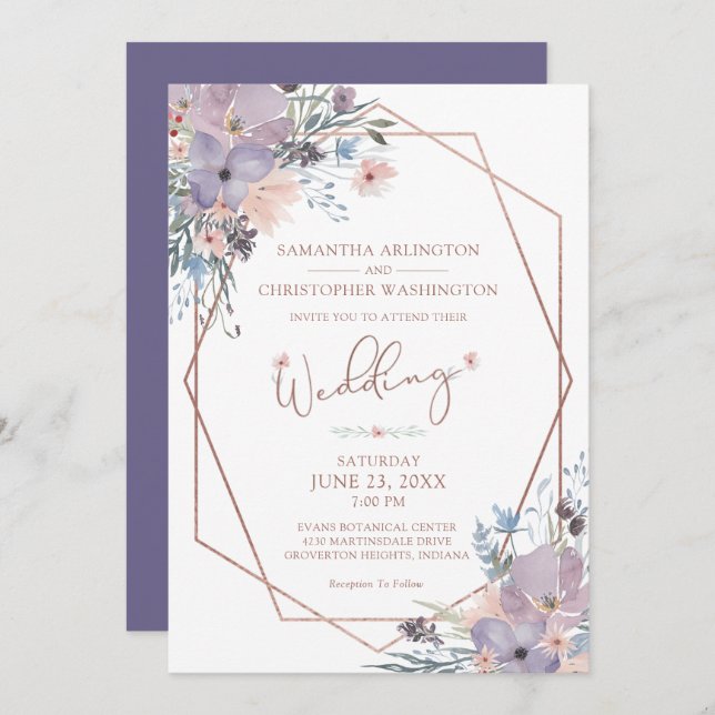 Invitation Aquarelle Floral violet Mariage géométrique (Devant / Derrière)
