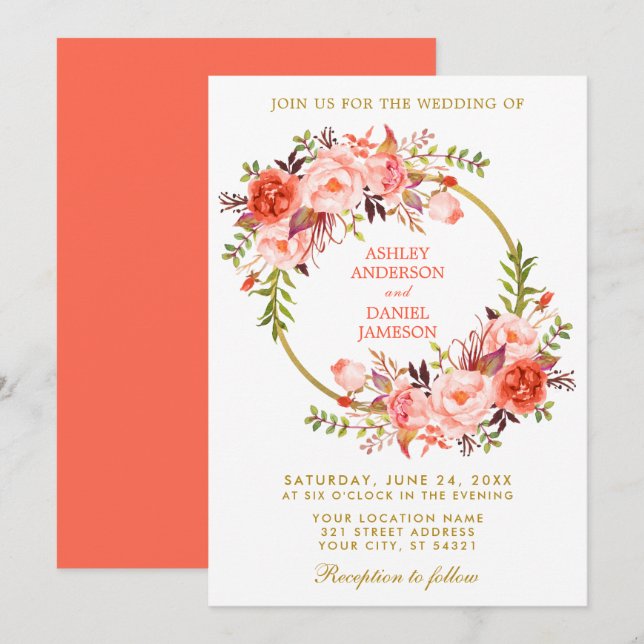 Invitation Aquarelle Floral Wreath Coral Mariage Or (Devant / Derrière)