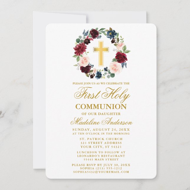 Invitation Aquarelle Floral Wreath Gold Première communion (Devant)