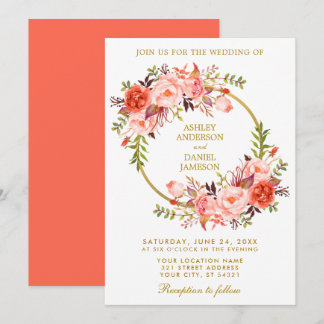 Invitation Aquarelle Floral Wreath Mariage Coral Gold