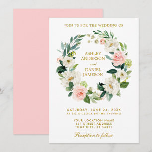 Invitation Aquarelle Floral Wreath rose Blanc Or Mariage P