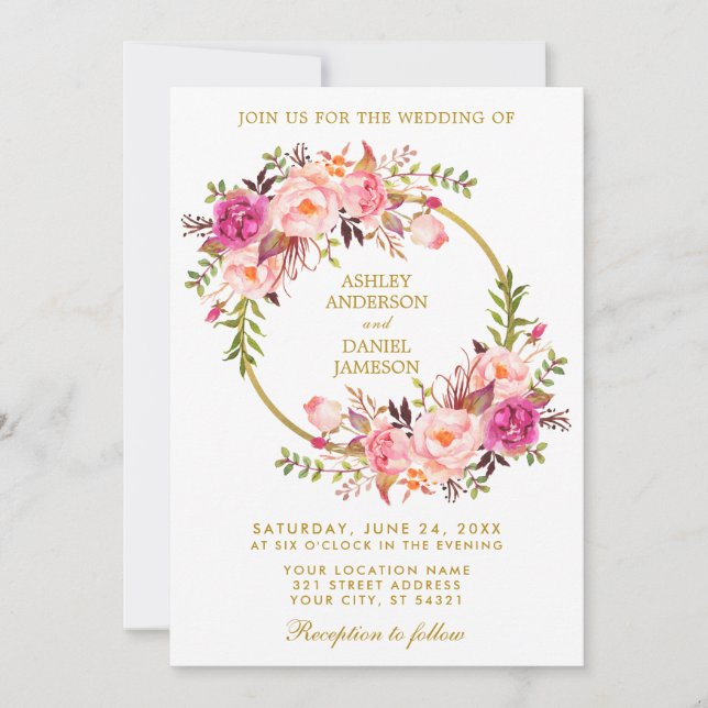 Invitation Aquarelle Floral Wreath rose Blush Gold Mariage (Devant)
