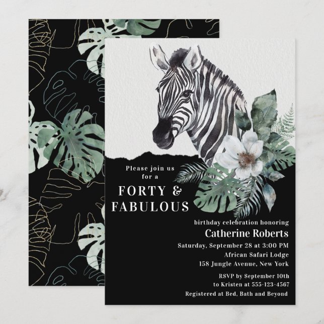 Invitation Aquarelle Floral Zebra Quarante-40e anniversaire (Devant / Derrière)