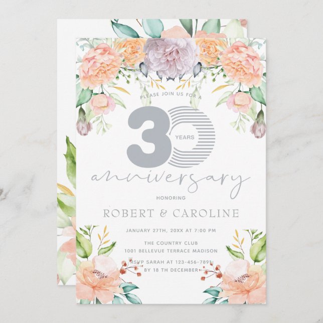 Invitation Aquarelle florale 30e anniversaire de mariage (Devant / Derrière)