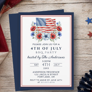Invitation Aquarelle Florale 4 juillet BBQ USA Patriotique