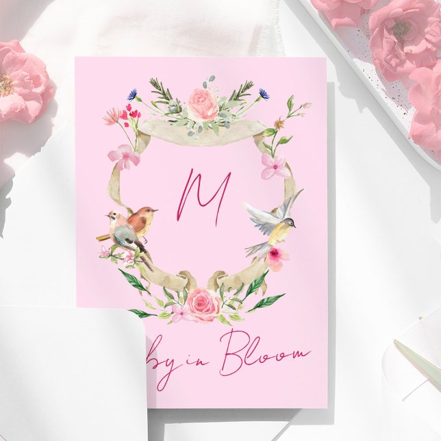 Invitation Aquarelle florale Baby shower Monogramme rose (Créateur téléchargé)