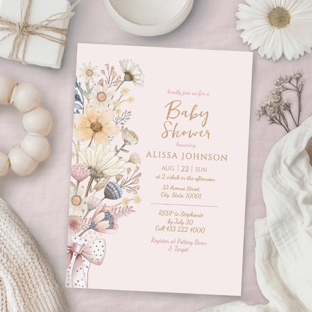 Invitation Aquarelle florale Baby shower rose (Créateur téléchargé)
