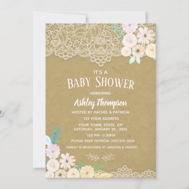 Invitation Aquarelle florale Baby shower rose et dentelle (Devant)