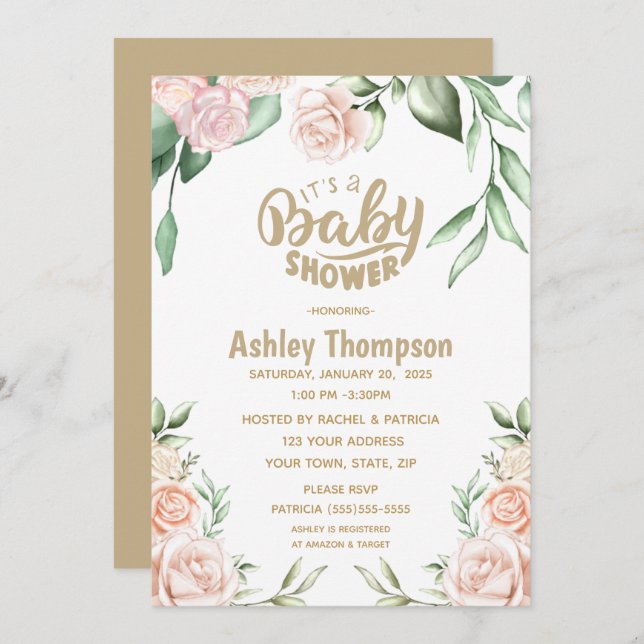 Invitation Aquarelle florale Baby shower rose pâle (Devant / Derrière)