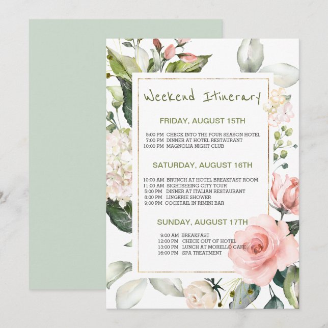Invitation Aquarelle florale Bachelorette Heekend Itinéraire (Devant / Derrière)