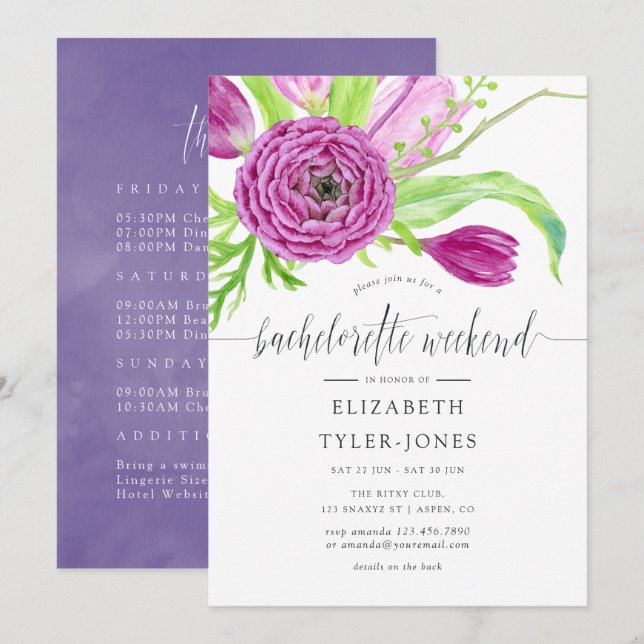 Invitation Aquarelle Florale Bachelorette Week-end Itinéraire (Devant / Derrière)