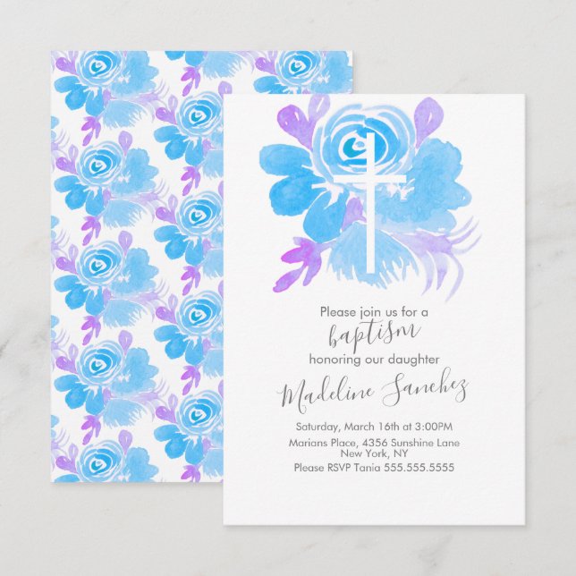 Invitation Aquarelle Florale Baptême bleu croisé (Devant / Derrière)