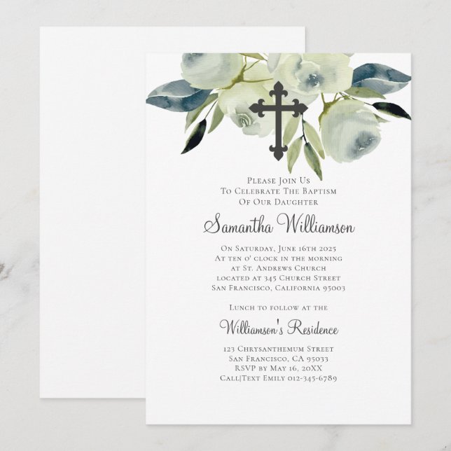 Invitation Aquarelle Florale Baptisée (Devant / Derrière)