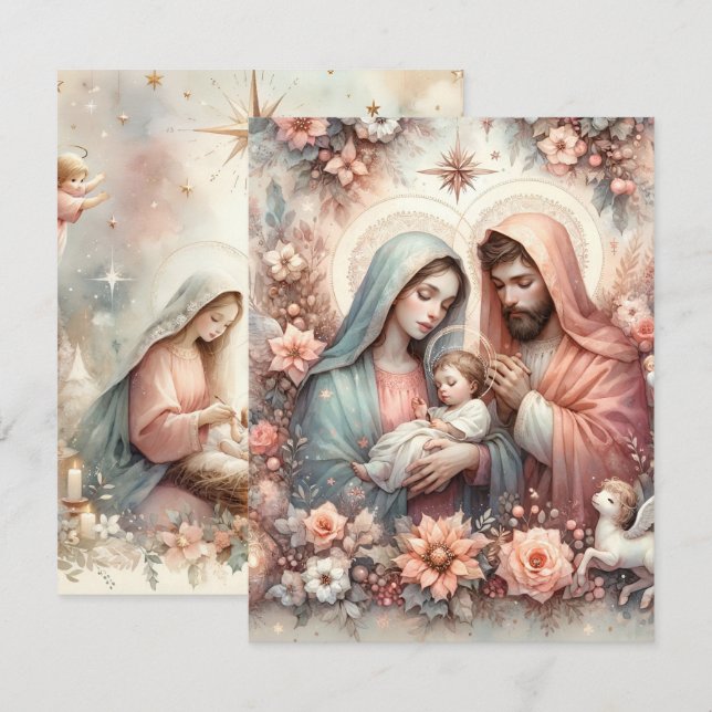 Invitation Aquarelle florale Bébé Jésus Papier imprimable (Devant / Derrière)