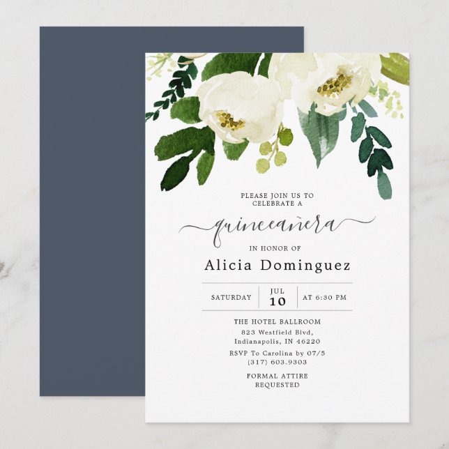 Invitation Aquarelle Florale Blanche & Verdure Quinceañera (Devant / Derrière)