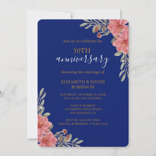 Invitation aquarelle florale bleu 50e anniversaire mariage (Devant)