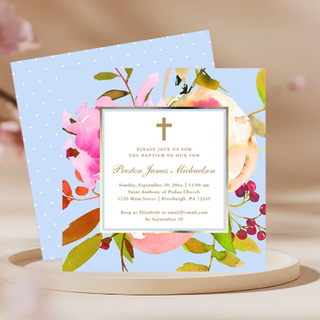Invitation Aquarelle florale bleu avec Baptême croisé (Créateur téléchargé)
