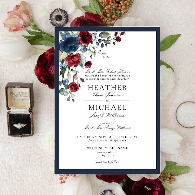 Invitation Aquarelle florale bleu Bourgogne classique (Créateur téléchargé)