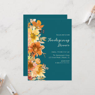 Invitation Aquarelle Florale Bleu Chaud Donner Merci Dîner