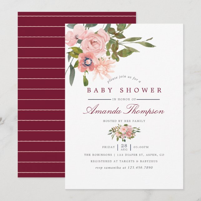 Invitation Aquarelle florale Bleu et Baby shower Bourgogne (Devant / Derrière)