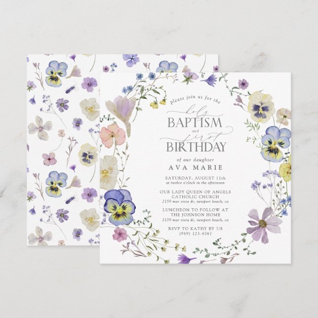 Invitation Aquarelle florale bleu Lilac Baptême 1er anniversa (Devant / Derrière)