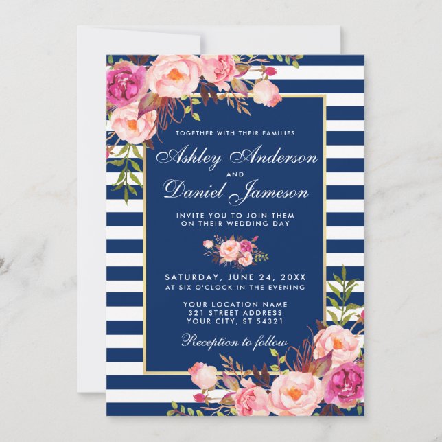 Invitation Aquarelle Florale Bleu rose Mariage W (Devant)