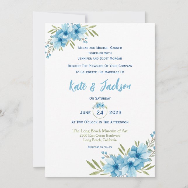 Invitation Aquarelle florale bleue (Devant)