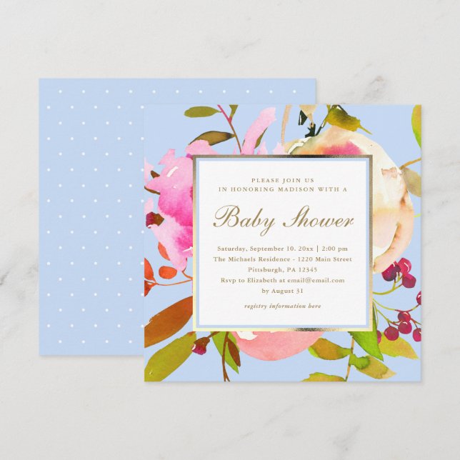 Invitation Aquarelle Florale Bleue avec Baby shower de points (Devant / Derrière)