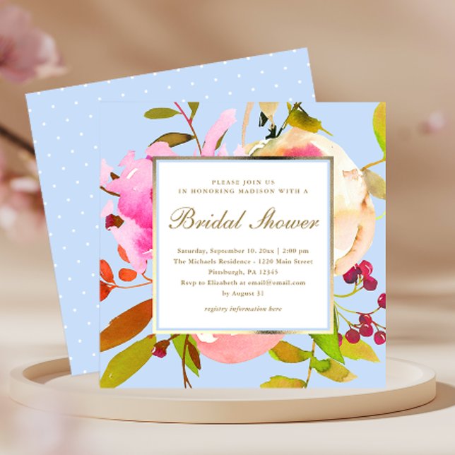 Invitation Aquarelle Florale Bleue avec Fête des mariées de p (Créateur téléchargé)