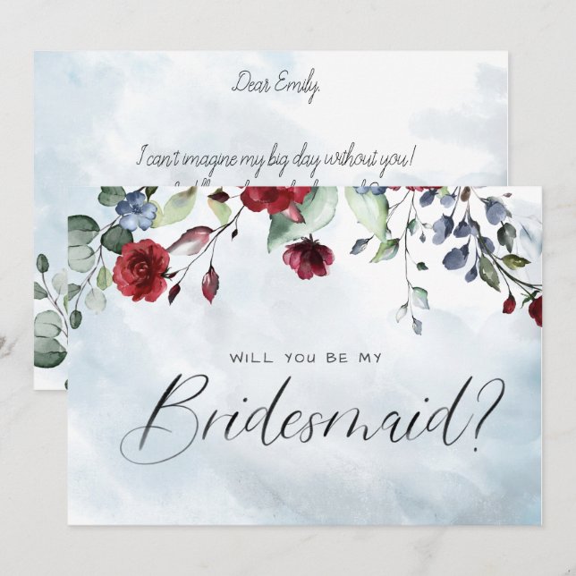 Invitation Aquarelle Florale Bleue Bourgogne Script Bridesmai (Devant / Derrière)