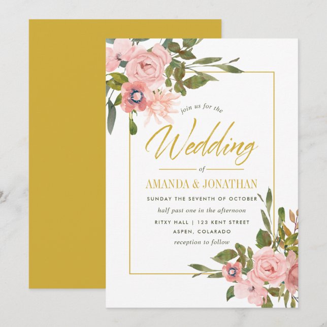 Invitation Aquarelle florale Blush et Gold Wedding Inviter (Devant / Derrière)