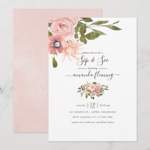 Invitation Aquarelle florale Blush et Or Rose Sip and See