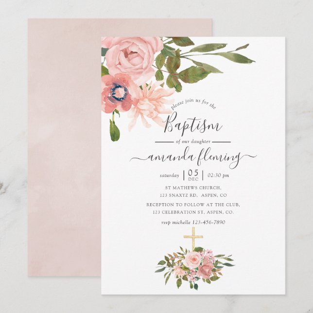Invitation Aquarelle florale Blush et Rose Gold Baptism (Devant / Derrière)