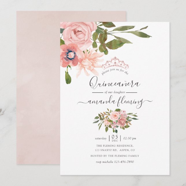 Invitation Aquarelle florale Blush et Rose Gold Quinceañera (Devant / Derrière)