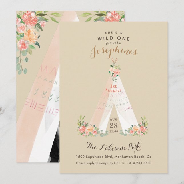 Invitation Aquarelle Florale Boho Tribal Teepee Wild One (Devant / Derrière)