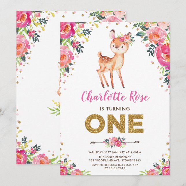 Invitation Aquarelle Florale Bois Cerf 1er anniversaire (Devant / Derrière)