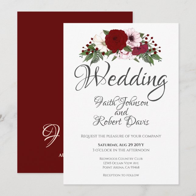 Invitation Aquarelle Florale Bourgogne Blanc-Blanc (Devant / Derrière)