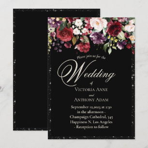 Invitation Aquarelle Florale Bourgogne Rustique Noir Mariage