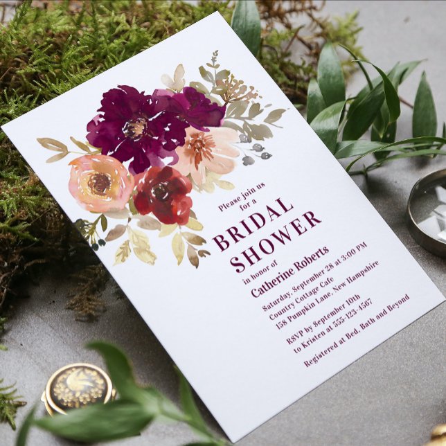 Invitation Aquarelle florale bourguignonne Fête des mariées m (Créateur téléchargé)