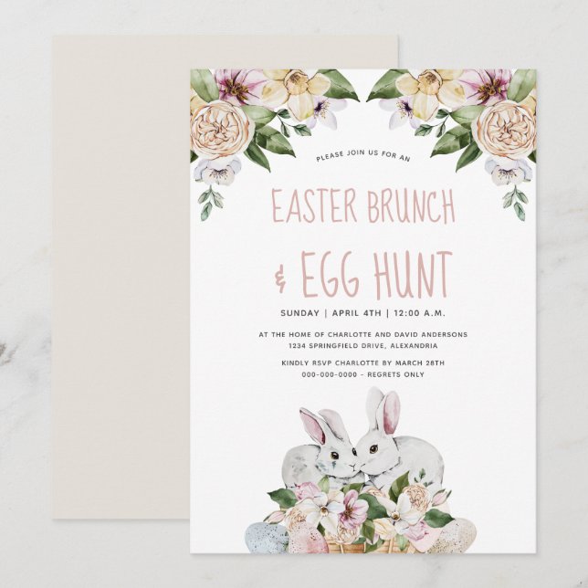 Invitation Aquarelle Florale Brunch de Pâques et chasse aux o (Devant / Derrière)
