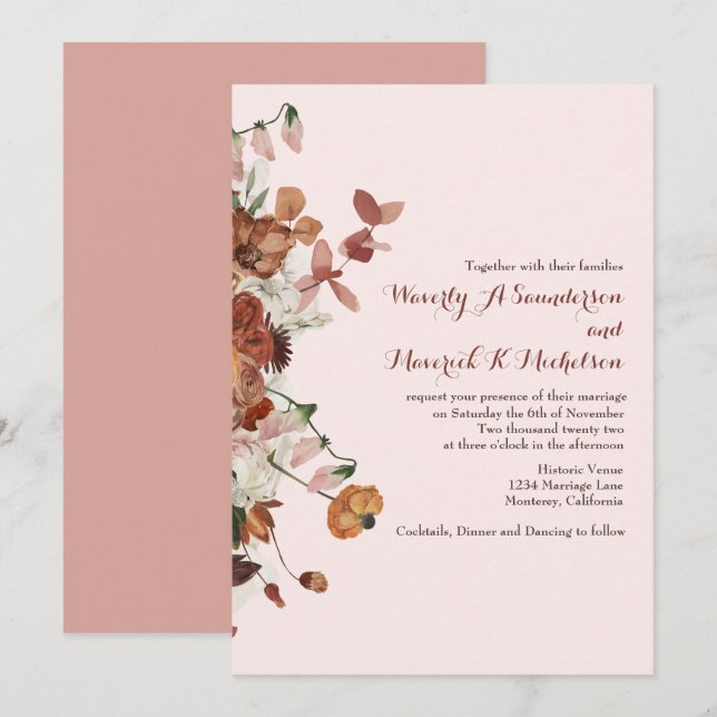 Invitation Aquarelle Florale Burnt Orange Dusty Mariage Rose (Devant / Derrière)