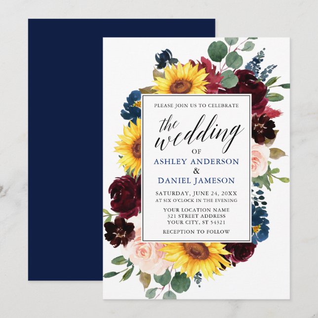 Invitation Aquarelle Florale Calligraphie Mariage Bleu (Devant / Derrière)