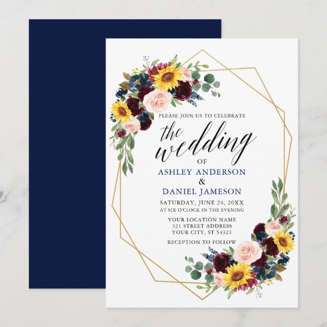 Invitation Aquarelle Florale Calligraphie Mariage géométrique (Devant / Derrière)