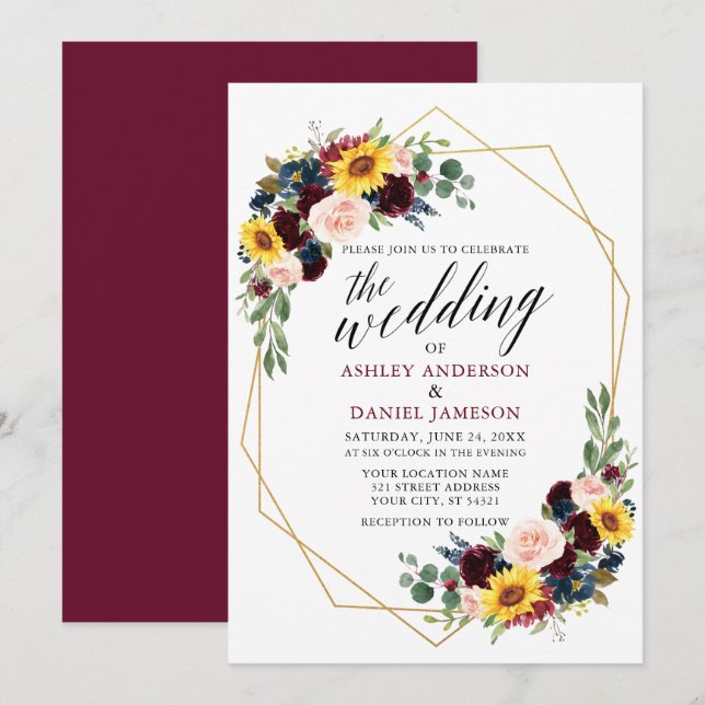 Invitation Aquarelle Florale Calligraphie Mariage Géométrique (Devant / Derrière)
