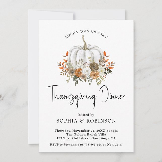 Invitation Aquarelle Florale Citrouille Thanksgiving Dîner (Devant)