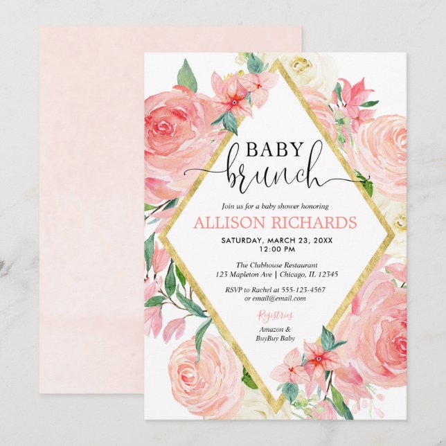 Invitation Aquarelle florale couleur rose vif fille brunch bé (Devant / Derrière)